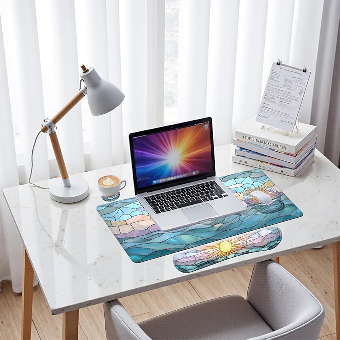 Boho Sun Desk Mat Set Stained Glass Sea Coastal Sunset Large Mouse Pad with Wrist Rest 4in1 Desk Mat for Desktop Ergonomic Computer Desk Arm Wrist Anti-Slip Computer Mouse Pad Home Office Gaming
