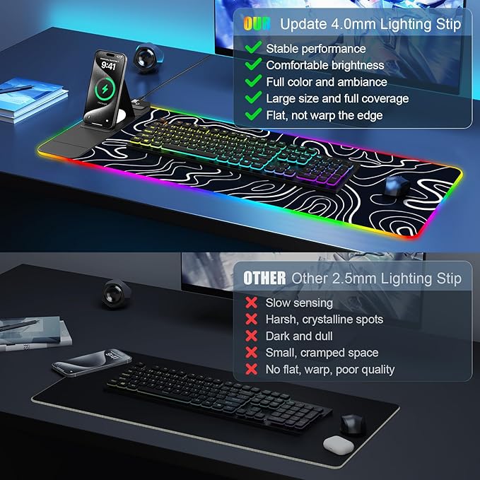 RGB Mouse Pad with Foldable Phone Stand Wireless Charger, 31.5"x11.8" XL Gaming Mousepad Large Desk Mat, Desk Pad with 11 Colors 5 Modes, Waterproof (Topographic Print)
