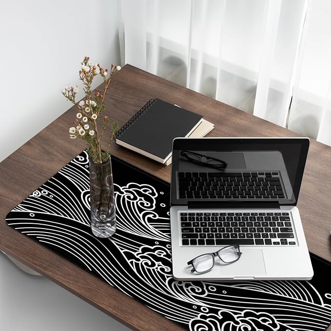 Gaming Mouse Pad with Anti-Slip Rubber Base, Extended Large Computer Mouse Mat with Stitched Edges, Long XL Anime Mousepad for Laptop and Keyboard, 31.5 x 11.8 inch (Black and White Wave)