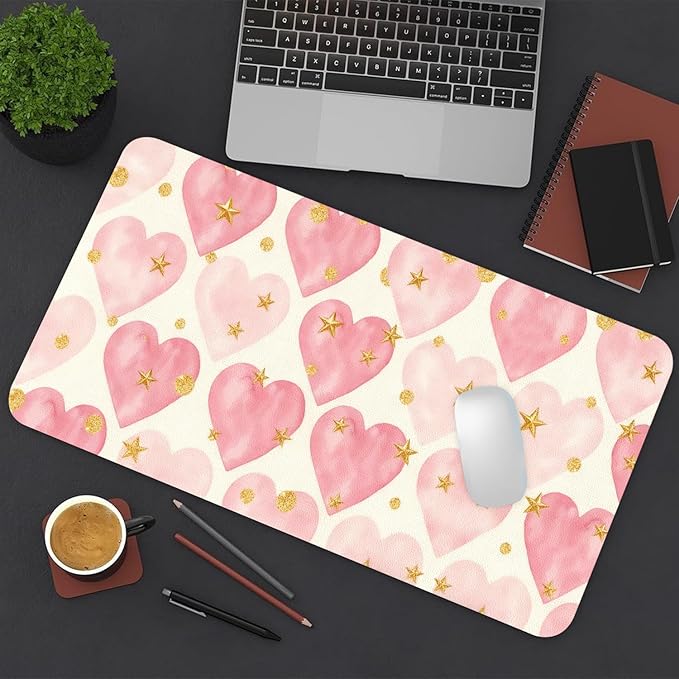 Peach Heart Mouse Pad PU Leather Pink Heart Desk Mat Large Waterproof Gaming Pad Non-Slip Keyboard Mouse Pad Writing Pad for Gamer Office&Home
