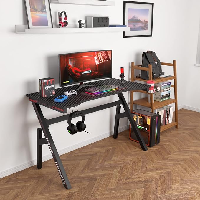 BestOffice Office Chair Mesh Computer Chair Lumbar Support Armrest Mid Back Task Chair and 47 Inch Gaming Desk Carbon Fiber Table Gamer Workstation Cup Holder