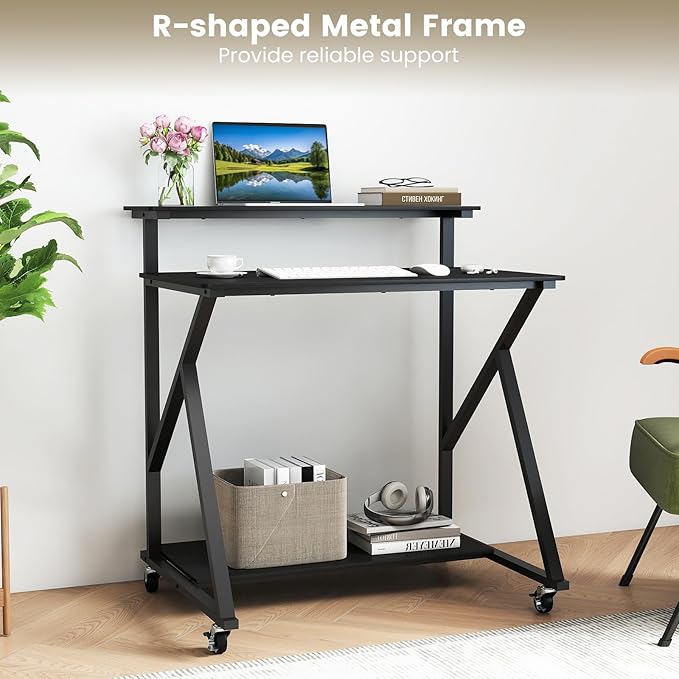 Tangkula Rolling Computer Desk Cart with Power Outlets, 32" Mobile Portable Laptop PC Desk with Monitor Stand, CPU Stand & Storage Shelf, Compact Small Desk on Wheels for Small Space (Black)