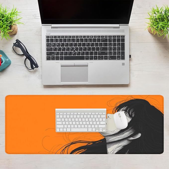 Anime Girl Aesthetic Mouse Pad, Minimal Line Art Portrait Gaming Desk Mat with Stitched Edges,Non-Slip Waterproof Rubber Base Mouse Mat, 31.5x11.8in Desk Home Office Gaming