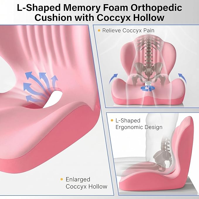 Ergonomic Office Chair Seat Cushion, L-Shaped Memory Foam Coccyx Cushion for Tailbone Pain Relief, Orthopedic Car Seat Cushion with Lumbar Support & Cutout Hollow for Sciatica & Back Pain (Pink)