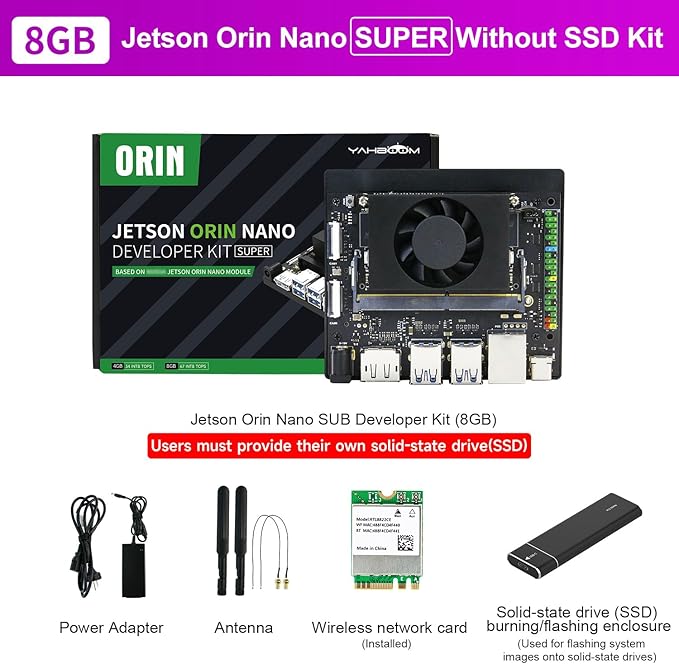 Yahboom Jetson Orin Nano Super 8GB RAM Development Board Kit, 67TOPS, with 48W Power Supply, Wireless Network Card, Enclosure