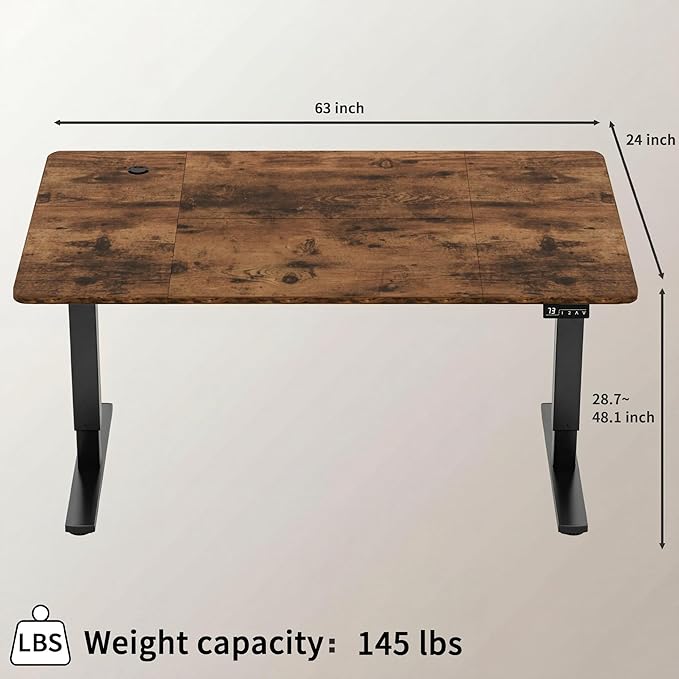 Furmax Electric Height Adjustable Standing Desk Large 63 x 24 Inches Sit Stand up Desk Home Office Computer Desk Memory Preset with T-Shaped Metal Bracket, Brown