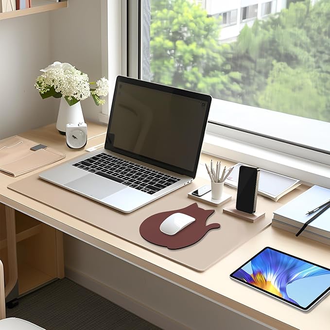 Funny Leather Mouse Pad Cute Cat Shape Office Desk Accessories Decor for Women Small Mousepad with Non-Slip Rubber Base Washable Waterproof, 9.7" x 8", Pink Purple
