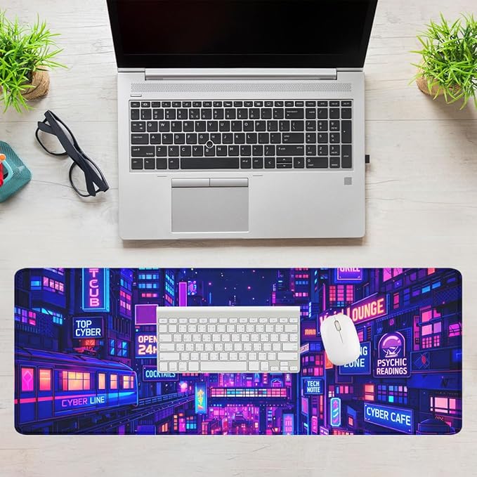 Cyber City Mouse Pad Neon Gaming Night Gaming Mouse Mat with Stitched Edges,Non-Slip Waterproof Rubber Base Mous Mat Office Computer Keyboard Laptop 31.5"x11.8"