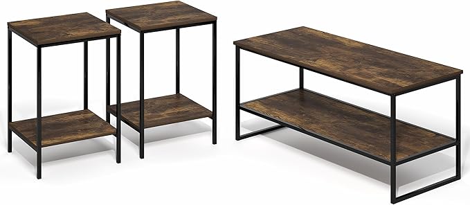 Furinno Simplistic Coffee Table and End Table Set of 3, Modern Metal Frame 2-Tier Coffee Table & 2 Square Side Tables, Night Stands Set, for Living Room, Bedroom, Home Office, Amber Pine