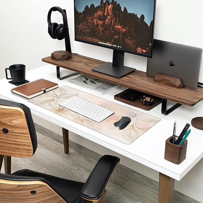 Desk Mat,Minimalist Flowers and Leaves Large Gaming Mouse Pad for Desk XL,Golden Line Floral Desk Pad,Extended Big Computer Keyboard Mouse Pad with Non-Slip Base Stitched Edges 31.5"x11.8"