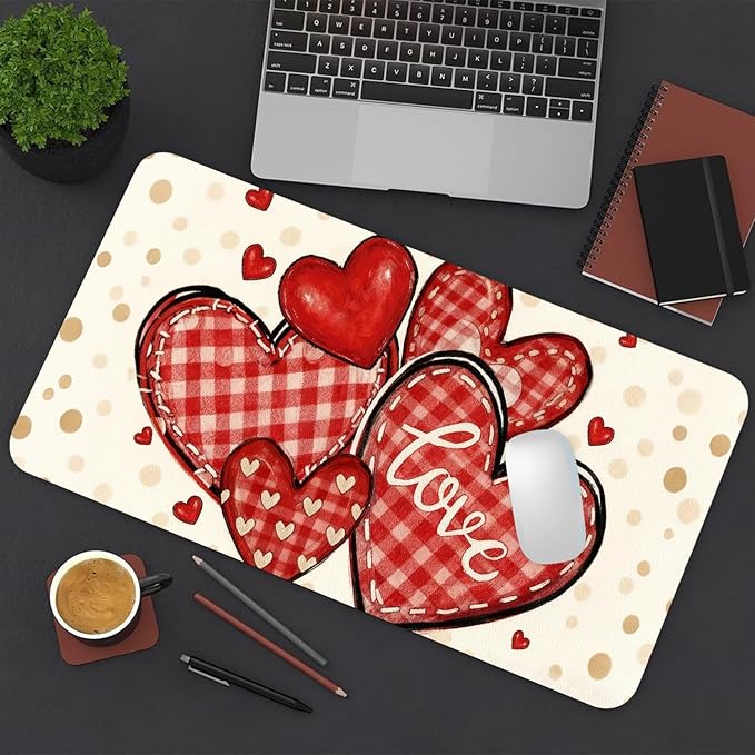 Valentine Desk Mat, Beige Checked Heart Large Mouse Pad for Desktop, PU Leather Waterproof Desk Pad, Computer PC Laptop Protector Gaming Mouse Pads Valentine's Day Gifts for Her Him (23.6" x 11.8")