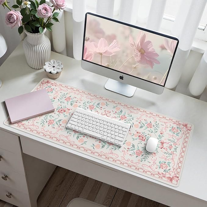 HAOCOO Pink Desktop Mat with Bow, Cute Large Mouse Pad for Office, Non-Slip Waterproof Desk Pad for Keyboard and Mouse, Floral Aesthetic Desktop Mat, Girly Home & Cubicle Supplies