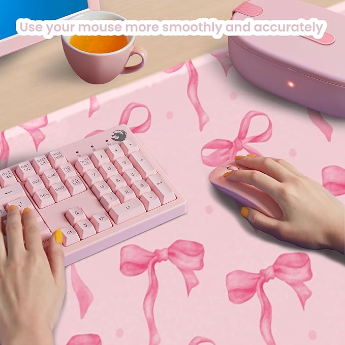 Pink Desk Mat with Bows, Cute Mouse Pad for Computer Laptop PC Non-Slip Rubber Base Gaming Keyboard Pad, Large Office Mat Girly Décor Office Supplies Desk Accessories for Teen Girls Women 31.5 x 15.7