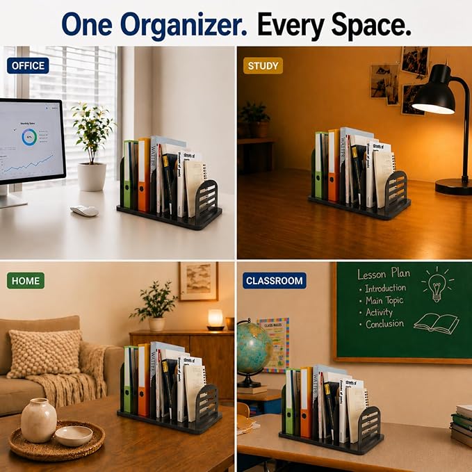 CraftSaints Vertical Desk File Organizer, 4 Sections, Slotted Metal Dividers, Modern Open Design Desk Top File Holder for Home, Office & Classroom