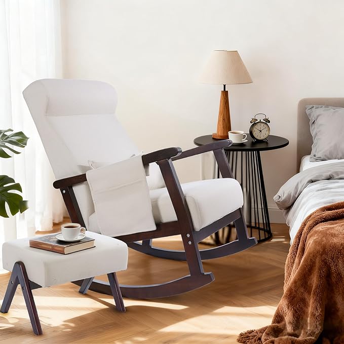 NOBLEMOOD Rocking Chair Indoor with Ottoman, Upholstered Rocking Chair with Lumbar Pillow, Side Pocket, High Back Solid Wood Frame Rocker with Footrest for Living Room