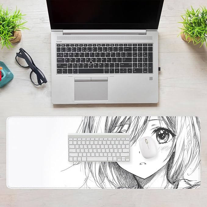 Anime Girl Gaming Mouse Pad Minimal Monochrome Sketch Large Gaming Mouse Mat with Stitched Edges,Non-Slip Waterproof Rubber Base Mous Mat Office Computer Keyboard Laptop 31.5"x11.8"