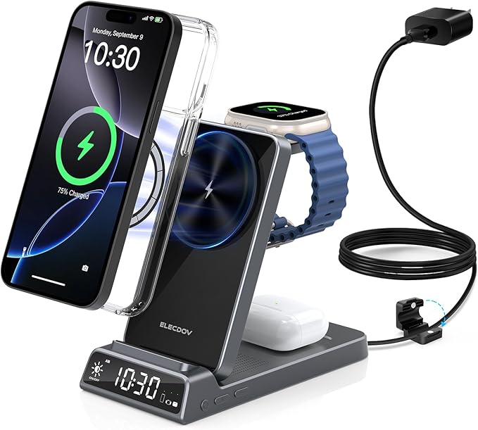 3 in 1 Charging Station for Apple, ELECDOV Magnetic Charger for iPhone, Foldable Wireless Charger with Clock, Travel Watch Charger Stand for iPhone 17/Air/16/15 Series, iWatch 10/AirPods 4