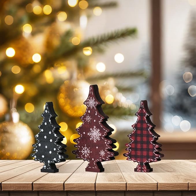 Smile 3 Pcs Wooden Blocks Christmas Trees Signs, Tiered Tray Decorations, for Home Table Shelf.