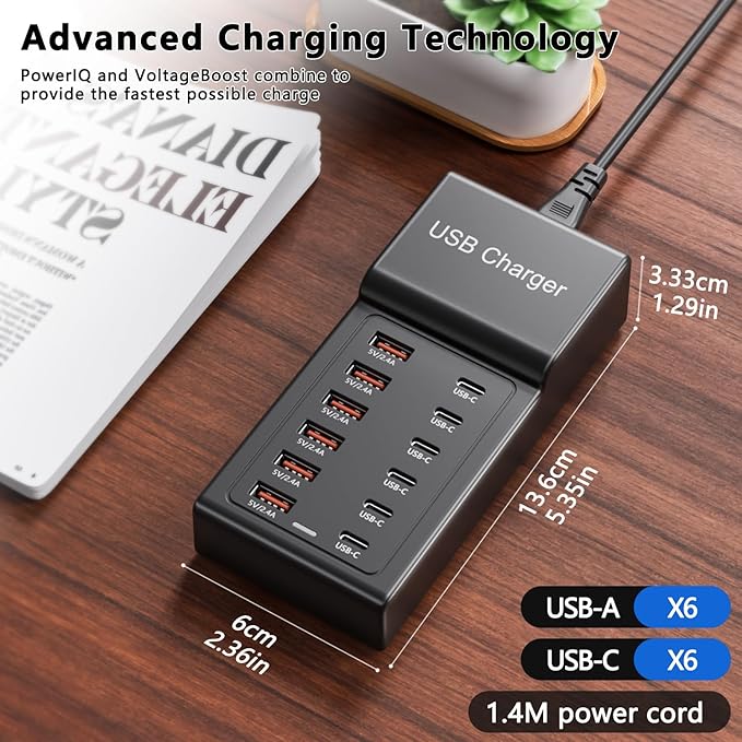 Multi USB Charger, USB C Charging Block Station, 50W 12 Port Multiple USB C Power Strip USB Hub Compatible with iPhone 16 Pro Max/15/14/13/12/11, iPad, Tablets, Samsung Galaxy S25/S24, Pixel