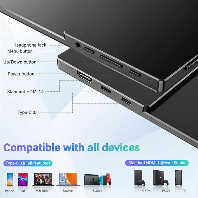InnoView 15.6'' Portable Monitor for Laptop FHD 1080P USB-C Travel Monitors Built-in 90° Adjustable Stand Without Bag, HDR IPS Portable Laptop Monitor for MacBook PC Phone Xbox PS4/5 Switch