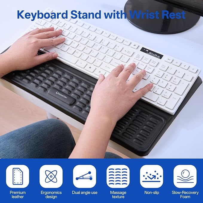 UnivoColors Keyboard Stand with Wrist Rest, high-Grade PU Leather, Soft Memory Foam Desk Cushion, Anti-Slip Silicone Base, Palm Hand Typing for Office Home School,Black,KP
