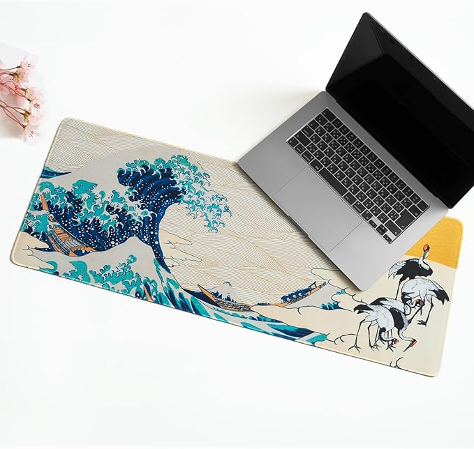 BELLEMOND Japanese Art Desk Mat | Large 31.5x11.8in Anime Mouse Pad for Keyboard & Mouse | Non-Slip Base, Water-Repellent | Original Japanese Design | Waves of Harmony