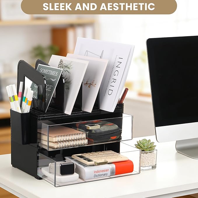 LALOBLUE Acrylic Desk Organizer with Drawer and Vertical File Holder, Desk Organizers and Accessories, Multi-Functional Office Supplies Organizer for Home or Work Desk, Black