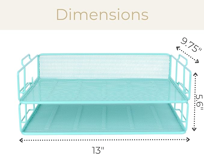 BLU MONACO Aqua Mesh Paper Tray Set of 2 | Stackable Letter Trays for Desk Storage | Metal Document Holder and File Organizer for Home, Office and School | 13โ x 9.8โ x 5.6โ Workspace Organizer