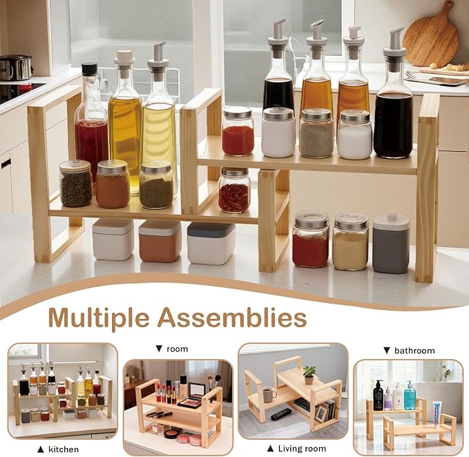 Desk Shelf, 100% Solid Wood Adjustable Desktop Bookshelf, No Tools, Nails or Glue Required for 130lb Load Capacity for Living Room, Office, Books, Cookbooks, Interlocking Joints Nature Pine Color
