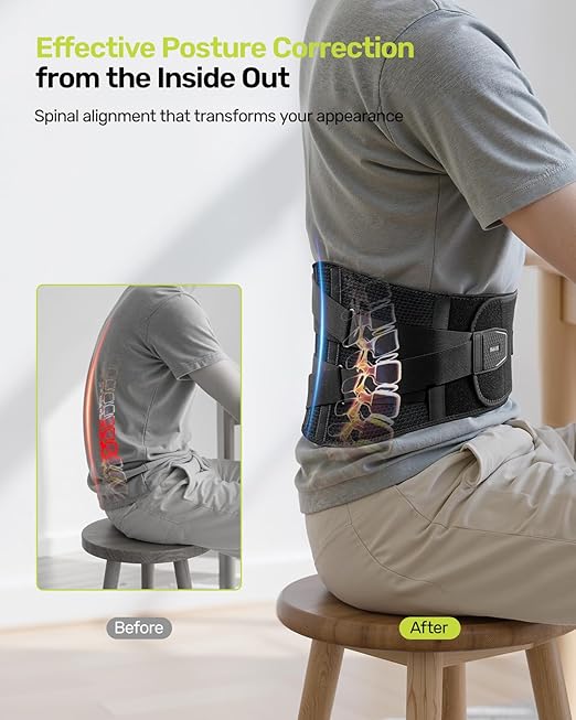 RAKIIE Back Brace for Lower Back Pain Women Men, Ergonomic Support Brace with Lumbar Pad, Adjustable Straps and Soft Breathable Mesh Fabric, Lumbar Support Belt Relief from Sciatica, Gray Size M (Waist: 33.5"-39.4")