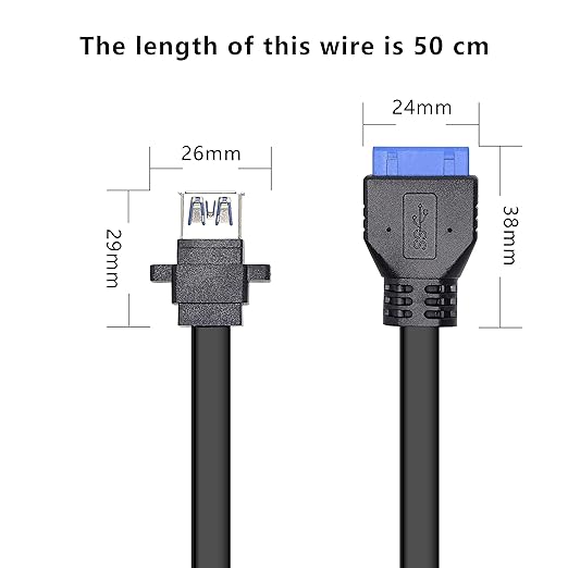 XMSJSIY USB 3.0 Front Panel Cable, Motherboard 19/20pin Cable to USB Female Splitter Adapter Extension Connector -50cm/19.6inch