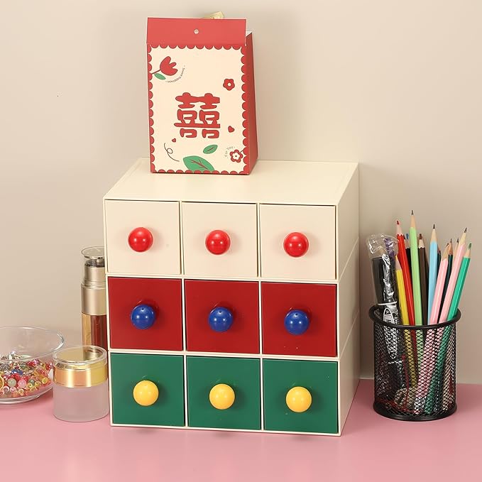 PATIKIL Small Stackable Storage Drawers, Stacking Drawers Mini Desk Bathroom Storage Organizer Cute with 3 Drawer Organizer Plastic for Desktop Office Pens Pencils Tape Charger, Red