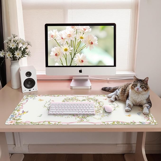 iCasso Desk Matt for Desktop,Cute Desk Pad White,Anti-Slip Large Gaming Mousepad XXL,Soft Lycra Surface Computer Mat Women,Girly Keyboard Pad for Home Office