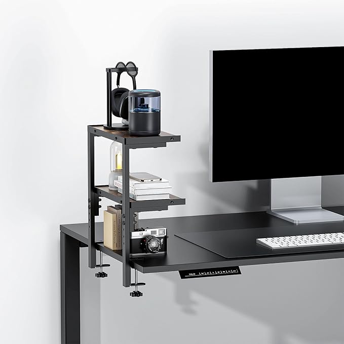 2-Tier Desk Shelf, Expandable Under Desk Storage, Clamp on Desk Shelf, Desktop Accessories for Offices, Study Rooms, and Game Rooms (Wood)
