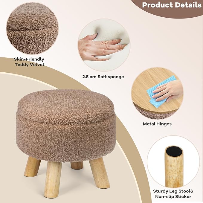 OGEMXU Ottoman Foot Rest, Small Round Ottoman with Storage, Boucle Teddy Velvet Footstool with Wood Legs, Soft Sponge Storage Ottoman for Living Room, Bedroom, Couch, Enterway (Camel Brown)