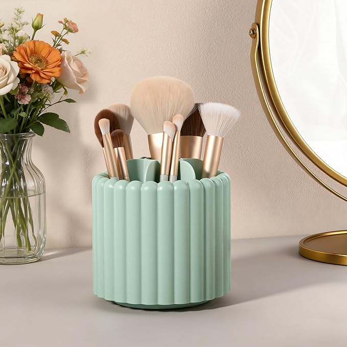 Anyoifax 360° Rotating Pen Holder 7 Slots Desk Organizer Removable Pencil Cup Plastic Art Supplies and Accessories Desktop Storage Box Caddy for Office, School, Home (Green)