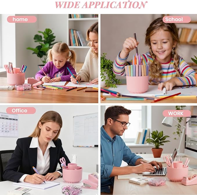 Pink Desk Accessories, 11Pcs Desk Organizer with 360°Rotating Pen Holder, Stapler, Staples, Staple Remover, Pen, Ruler, Tape Dispenser, Tape, Clips, Scissor, Notes, Office Supplies