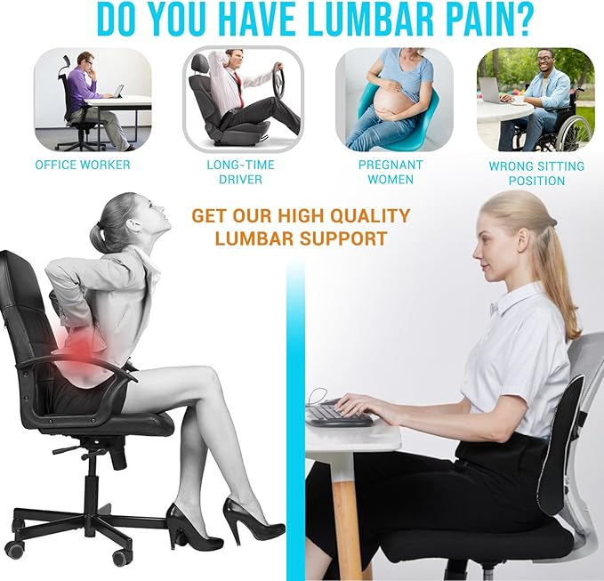 Chrissy Lumbar Support Pillow for Office Chair & Car | Memory Foam Back Cushion for Pain Relief & Posture Support | Breathable Mesh Cover, Adjustable Straps, Removable & Washable Cover