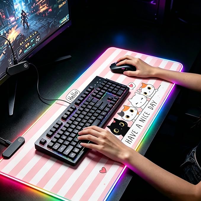RGB Large Gaming Mouse Pad, Extended Mouse Pad with 12 Lighting Effects, Water Proof Mutispandex Surface, Non-Slip Rubber Base, 80x30 cm / 31.5×11.8 in (Cat)