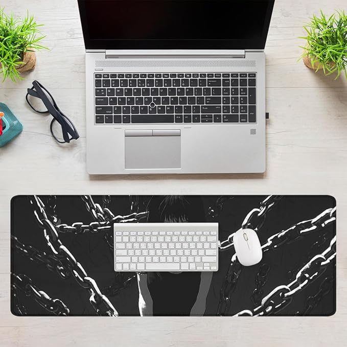 Dark Gothic Girl Gaming Mouse Pad Red Eyes Chains Extended Gaming Mouse Pad Mat with Stitched Edge Non-Slip Base Office Computer Keyboard Laptop 31.5"x11.8"