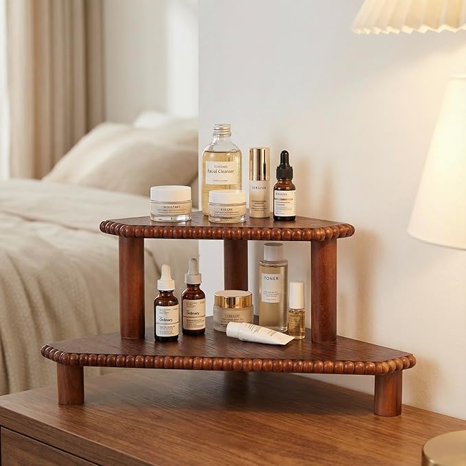 2-Tier Rustic Corner Shelf for Kitchen Counter,Wood Beaded Farmhouse Countertop Organizer with Removable Feet, Stackable Bathroom Vanity & Coffee Bar Decorative Riser Stand(Rustic Walnut)