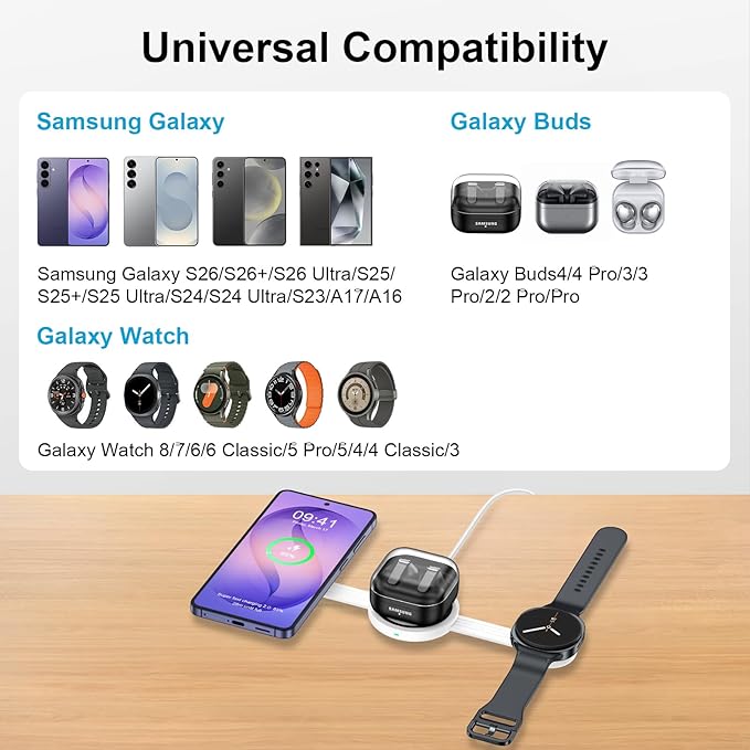 Galaxy S26 3 in 1 Wireless Charger Station, Foldable Fast Charging Pad for Samsung S25 Ultra S24, Wire Less Charging Galaxy Watch8/7 Buds4, Travel Charger for Samsung Multi Devices Cargador Inalmbrico
