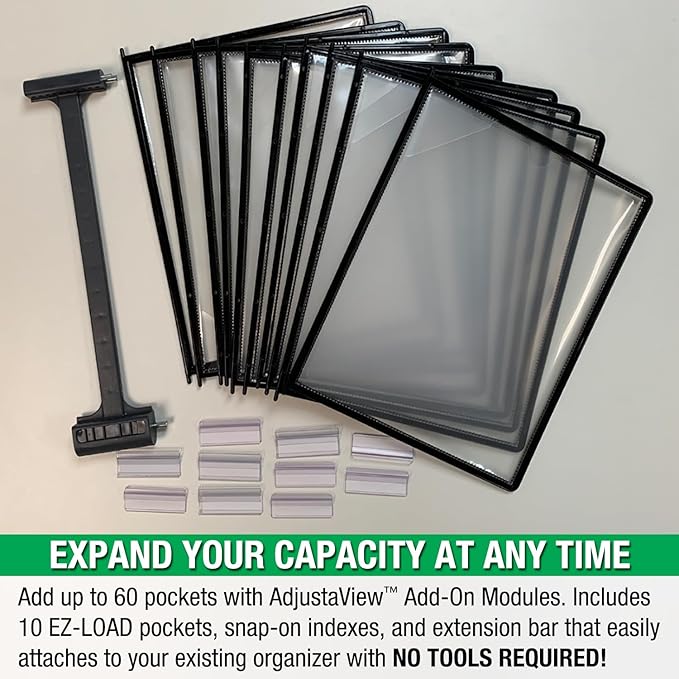 Ultimate Office AdjustaView 20-Pocket Desk Reference Organizer with Easy-Load Pockets and Compact Weighted Base for Stability, Black Pockets