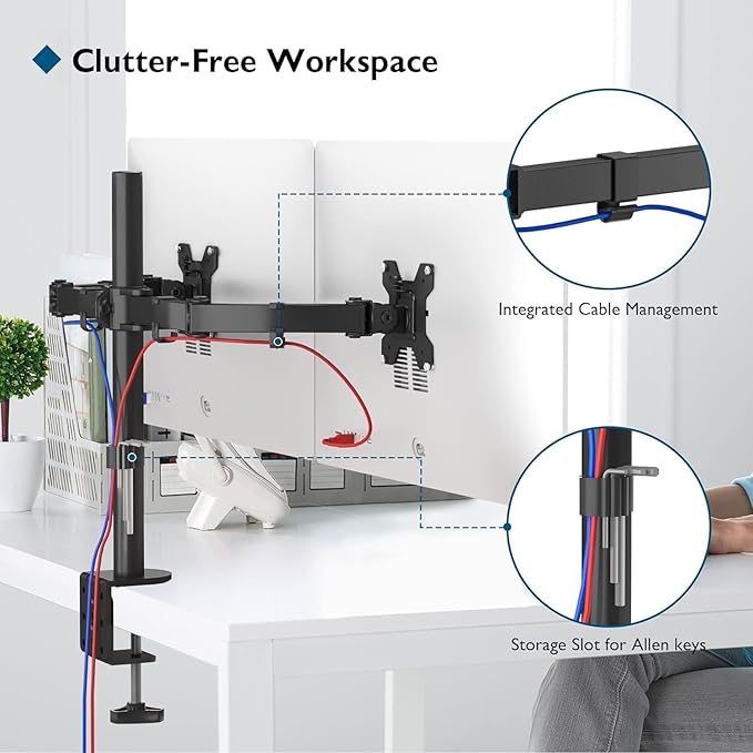 BONTEC Dual Monitor Desk Mount, Full Motion Adjustable Monitor Stand for 13–27 Inch Screens, Heavy Duty Arms Hold Up to 22 lbs Each, VESA 75x75/100x100 mm, C Clamp and Grommet Base, Cable Management