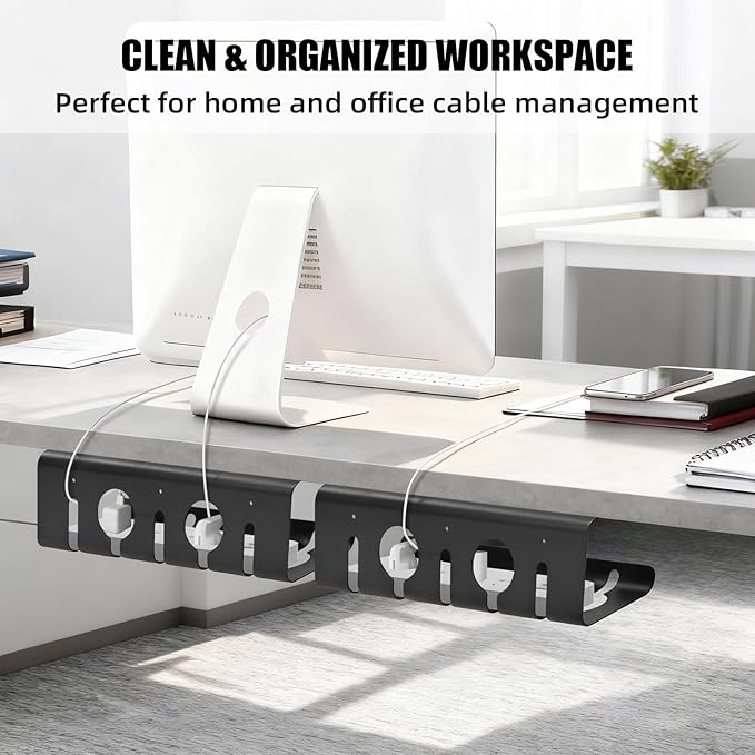Under Desk Cable Management Tray, 16.5" L x 4.7" W x 4.3" H, 2 Pack Under Desk Cable Tray, Wire Organizer for Power Strip, Tape Mount or Screw Mount, Easy Install Cord Raceway for Desk & Home