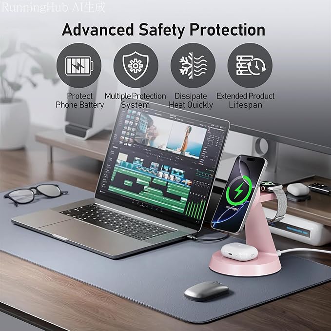 Charging Station 3 in 1 Wireless Charger for Apple Devices, 15W MagSafe Stand Compatible with iPhone 17 16 15 14 13 12 Pro Max Plus, Charging Dock for AirPods 4 3 2 & iWatch Series (Pink)