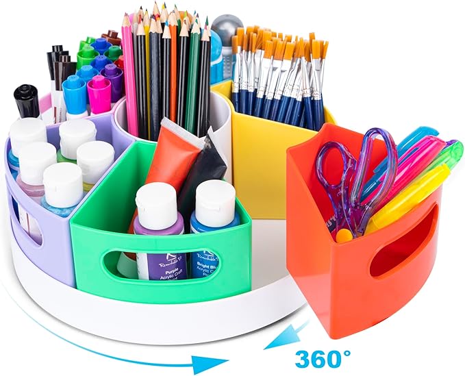 CraftGenes Art Supply Organizer, Extra Large 360° Pencil Caddy with 7 Removable Compartments for Kids, Rainbow Stationary Marker Organizer for Home, School, and Classroom