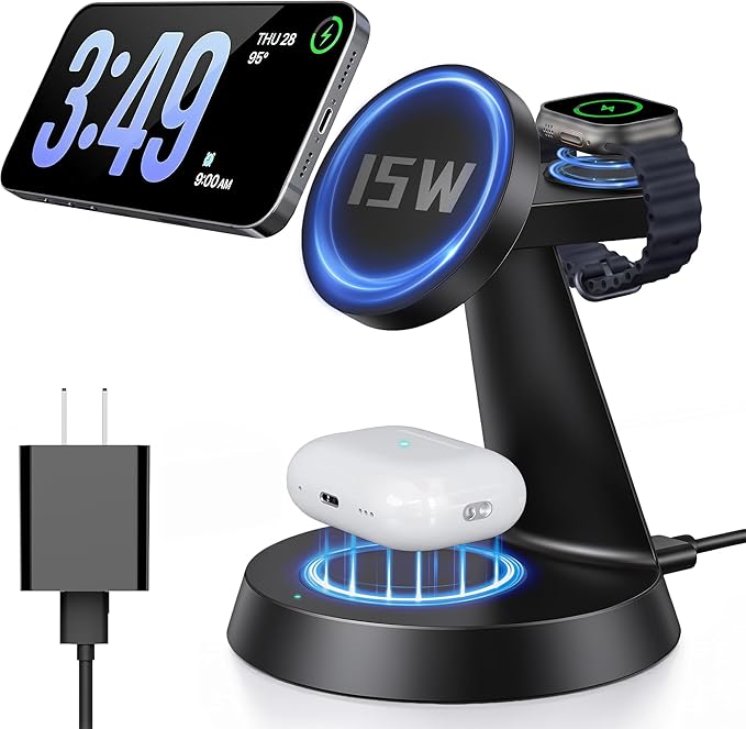iPhone Charging Station 3 in 1 Wireless Charger for Apple Devices, 15W MagSafe Stand Compatible with iPhone 17 16 15 14 13 12 Pro Max Plus, Charging Dock for AirPods 4 3 2 & iWatch Series (Black)