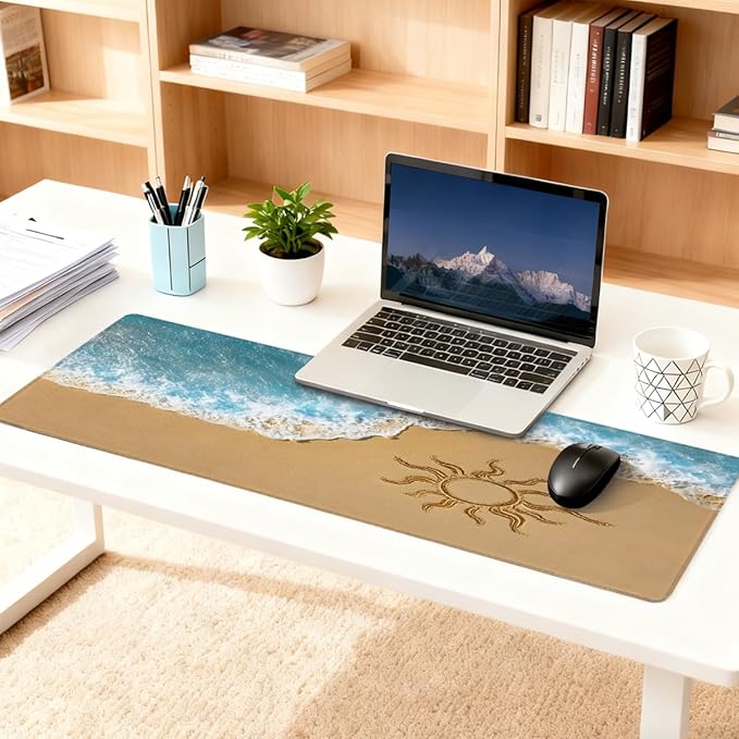 Sea Beach Sun Large Mouse Pad Non-Slip Rubber Long Gaming Desk Mat Big Computer Keyboard Mousepad Waterproof Protector Wristing Pad for Gaming Office Home Decorative 31.5 X 11.8 Inch