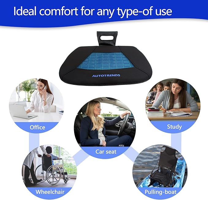 AUTOTRENDS Gel Seat Cushion Cooling Coccyx Orthopedic Breathable Car Seat Cushion Anti Slip Backing Mat, Black
